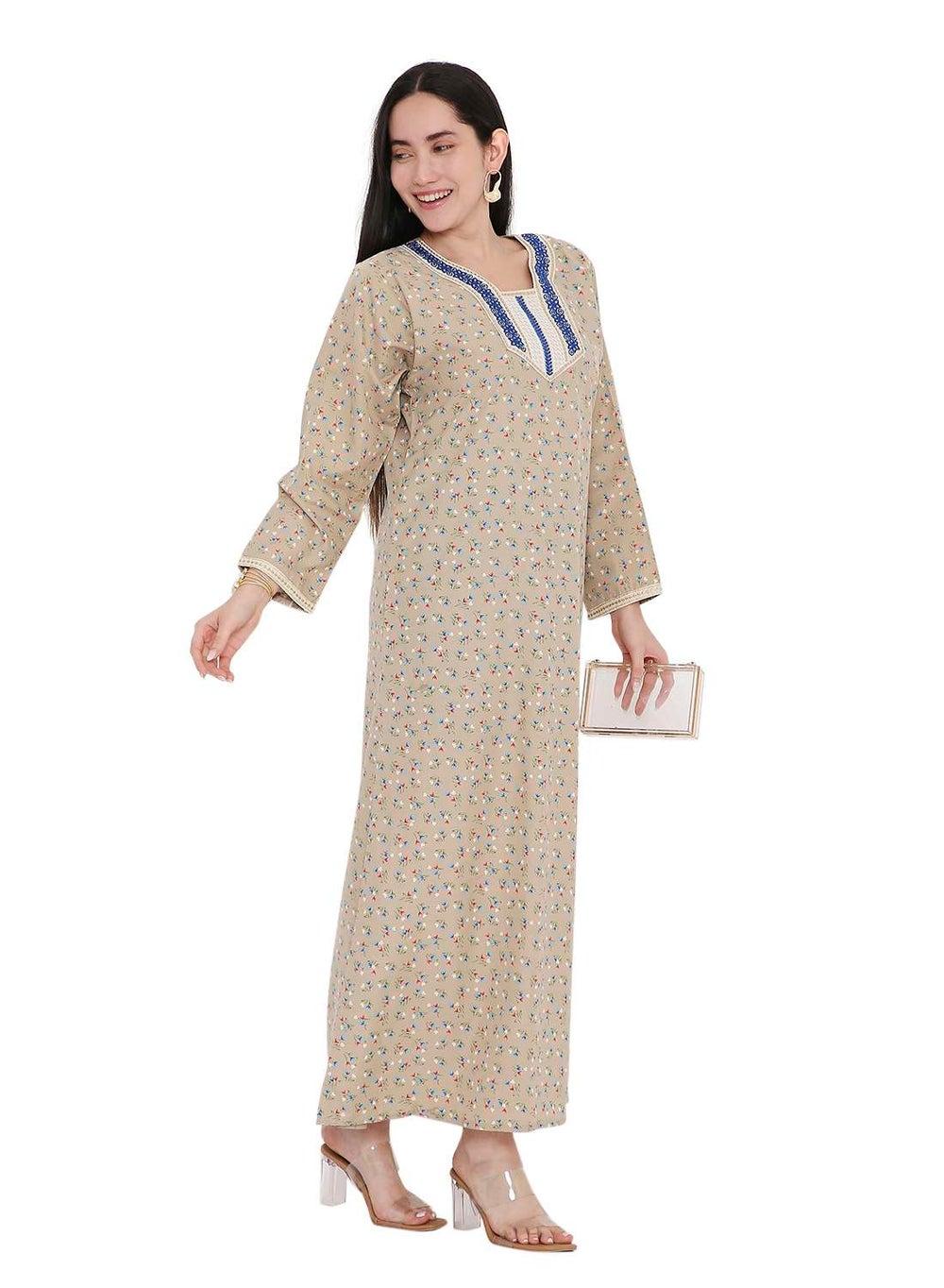 Beige Floral Farasha Jalabiya with Embroidered V-Neck - Image 1