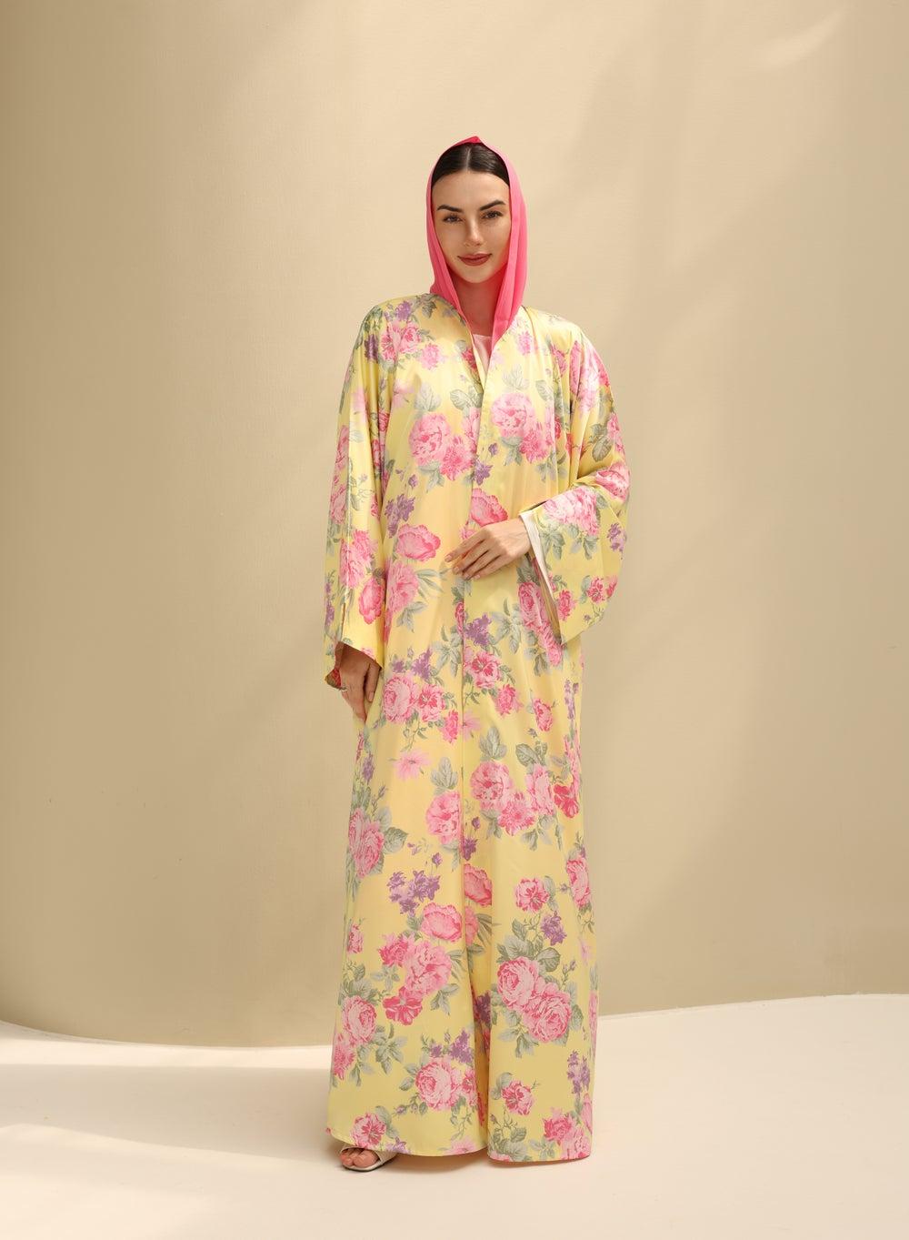 Zeh Rabiya Yellow Armani Silk Floral Abaya - Image 1