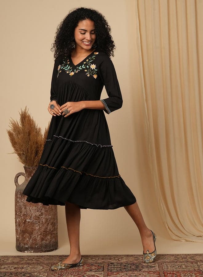 Black Embroidered V-Neck Tiered Midi Dress - Image 1