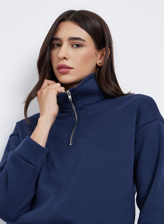 Styli Navy Blue Half-Zip Cropped Sweatshirt - Image 1