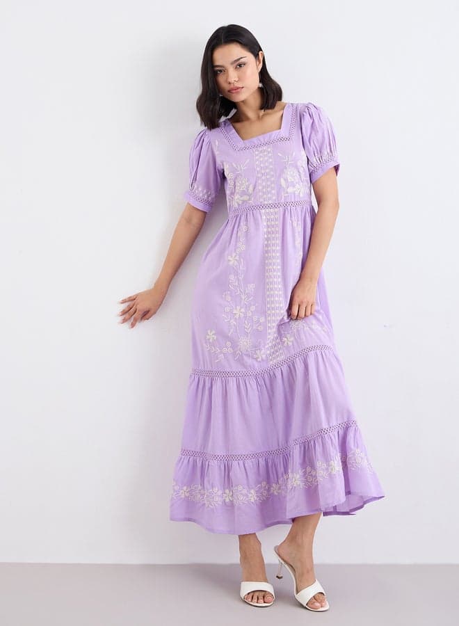Styli Lilac Embroidered Cotton Maxi Dress - Image 1