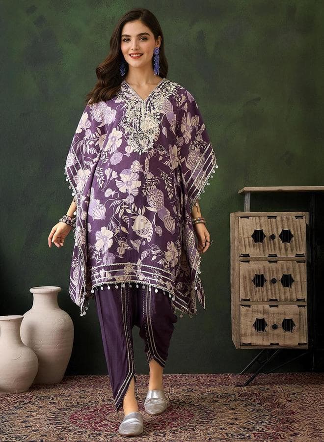 Purple Chanderi Embellished Kurta Set with Dhoti Pants - Image 1