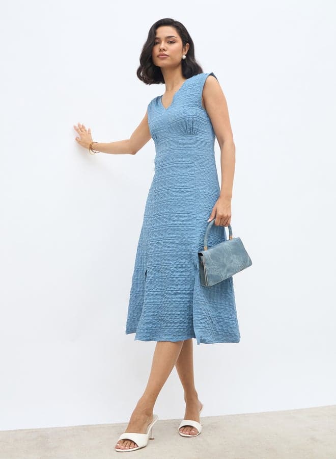 Sky Blue Textured V-Neck Midi Dress with Slit - Image 1