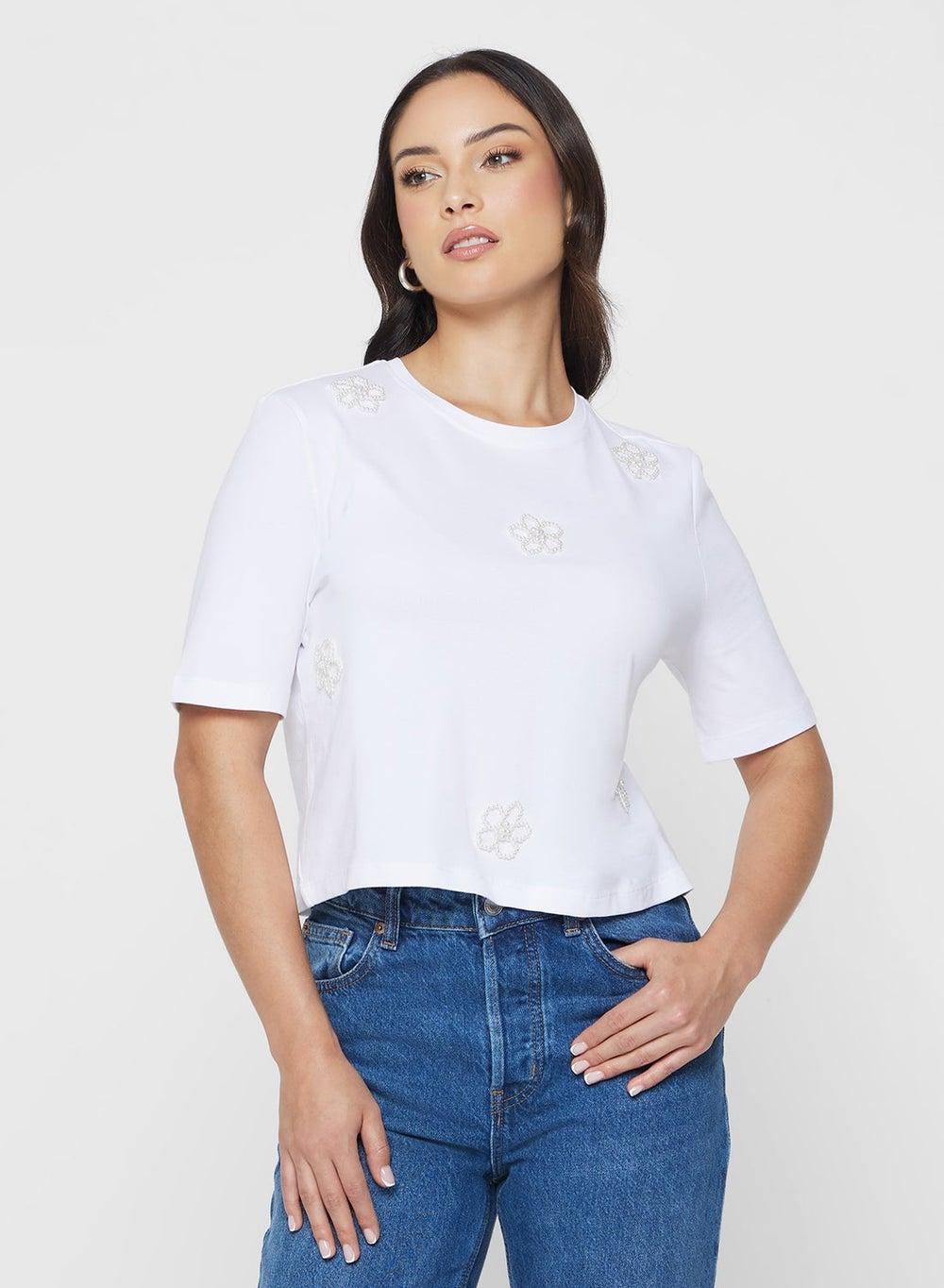ONLY Onljoni Pearl Flower Cropped T-Shirt 15352447 - Image 1