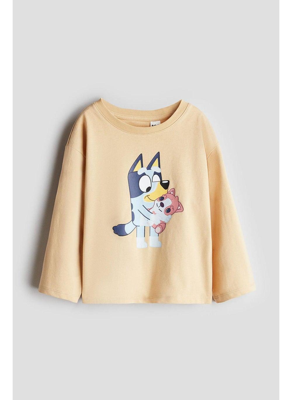 Girls Motif Cotton Jersey Top Beige Long Sleeve - Image 1