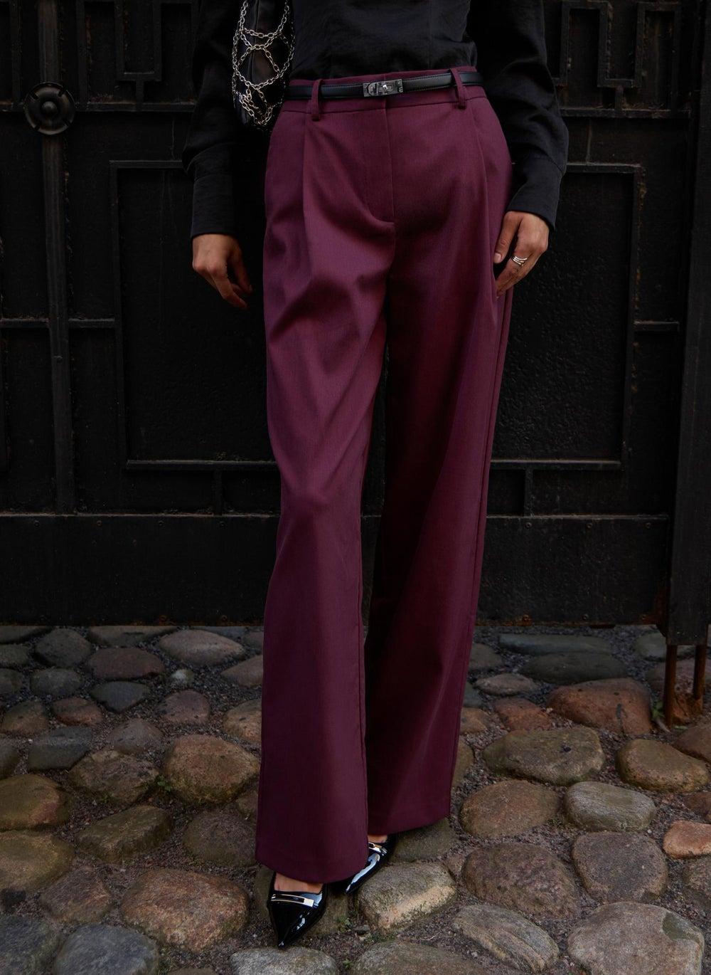 Maroon Pleated Wide-Leg Mid-Rise Trousers - Image 1
