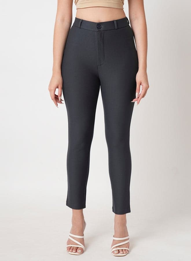 High-Rise Slim Fit Stretch Trousers Dark Grey - Image 1