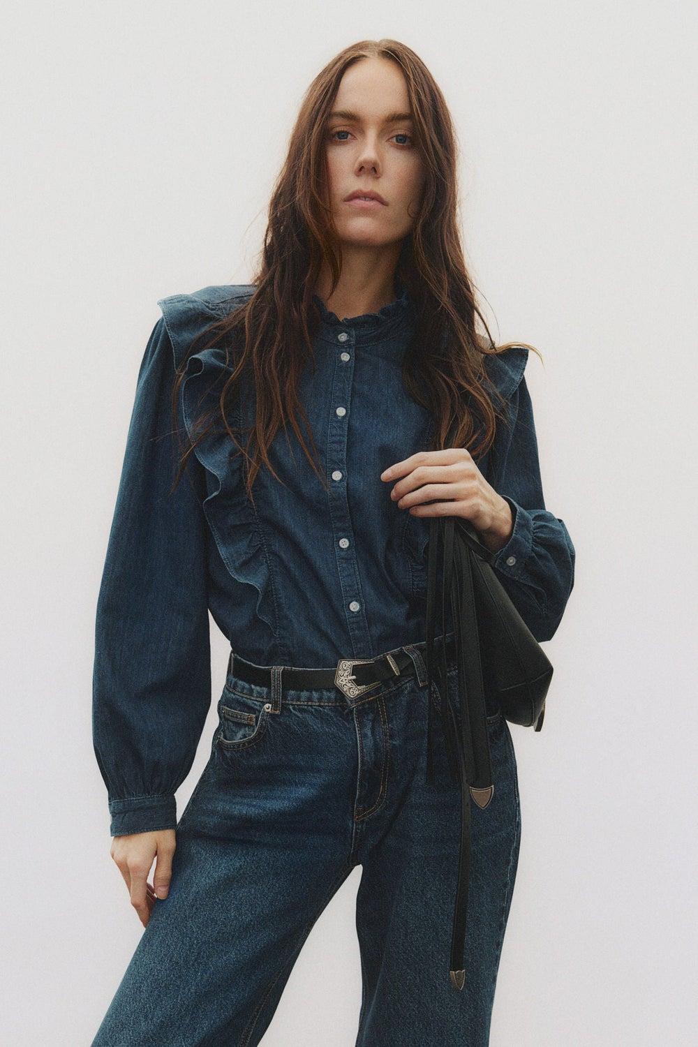 Frill-Trim Denim Blouse in Soft Cotton Blue - Image 1