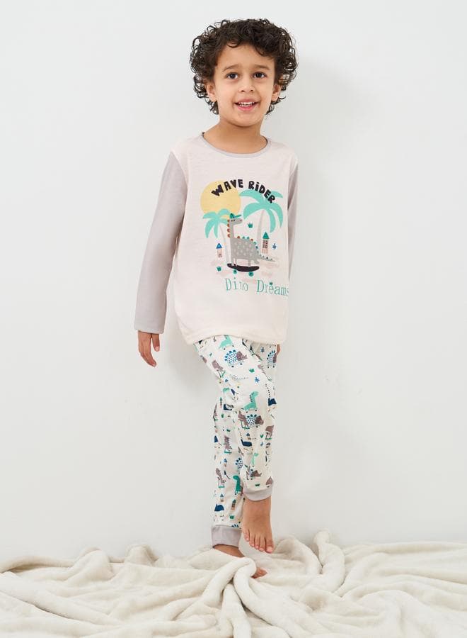 Styli Boys Dinosaur Print Pyjama Set Beige - Image 1