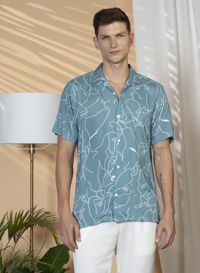 Sage Green Cuban Collar Rayon Shirt – Relaxed Fit - Image 1