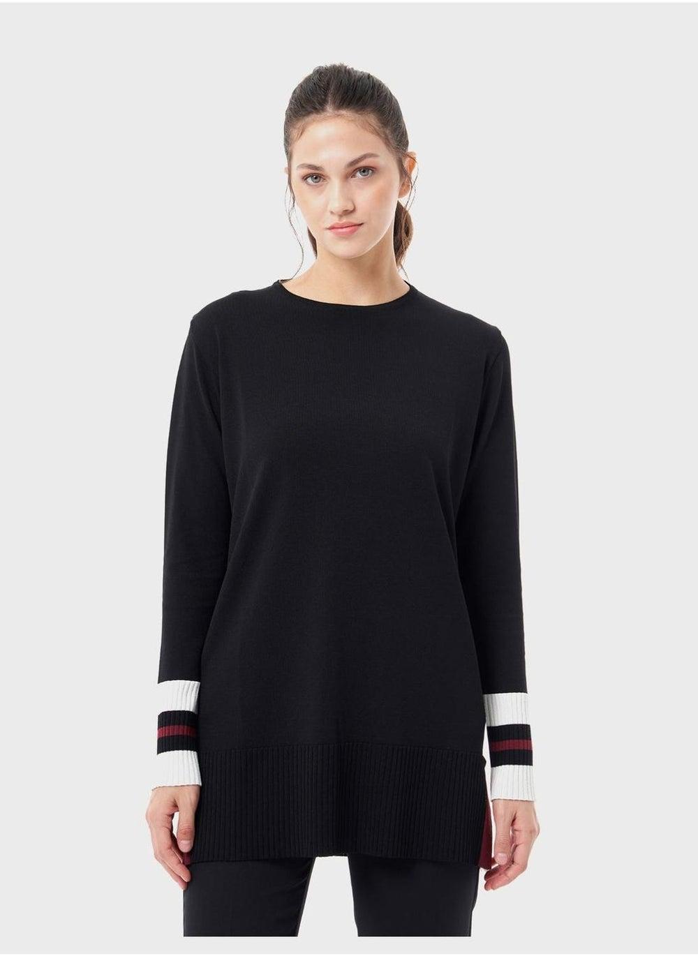 Elegant Knitted Tunic Top with Ribbed Detail - Image 1