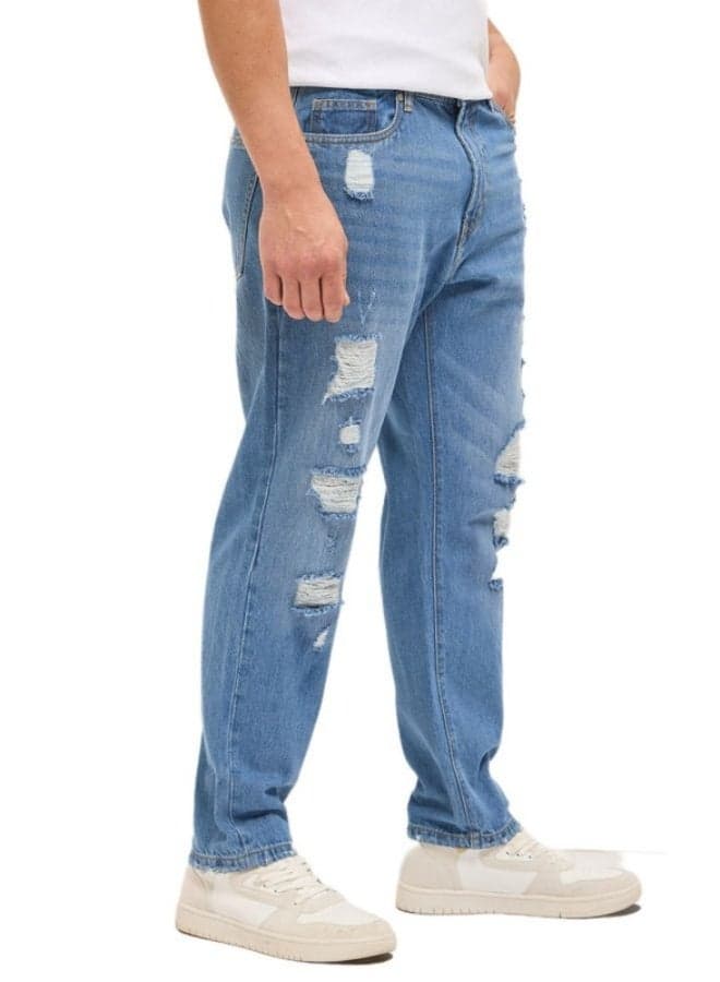 Men’s Light Blue Distressed Relaxed Fit Mid-Rise Jeans - Image 1