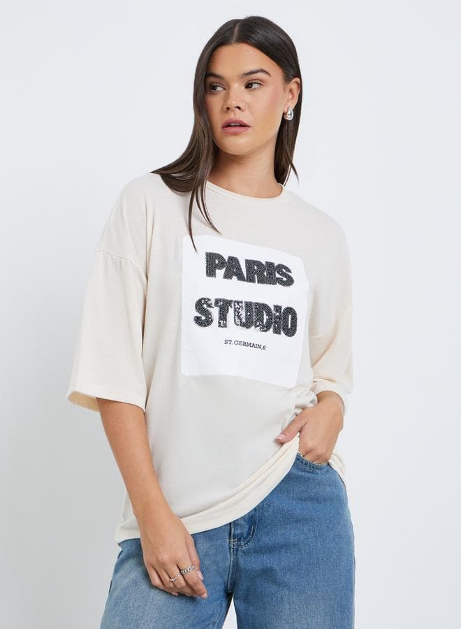 Styli Beige Sequin Paris Oversized T-Shirt - Image 1