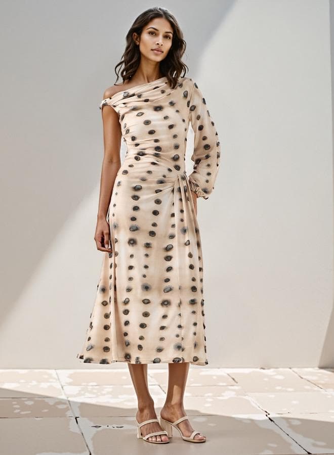 Iconic Printed One-Shoulder Midi Dress with Drape Detail - Image 1