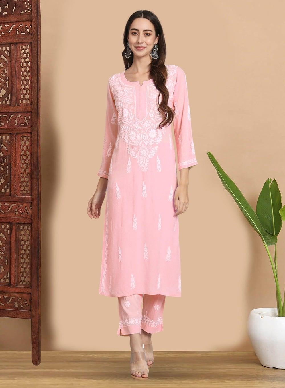 Peach Chikankari Modal Kurta Set AL3451KS - Image 1