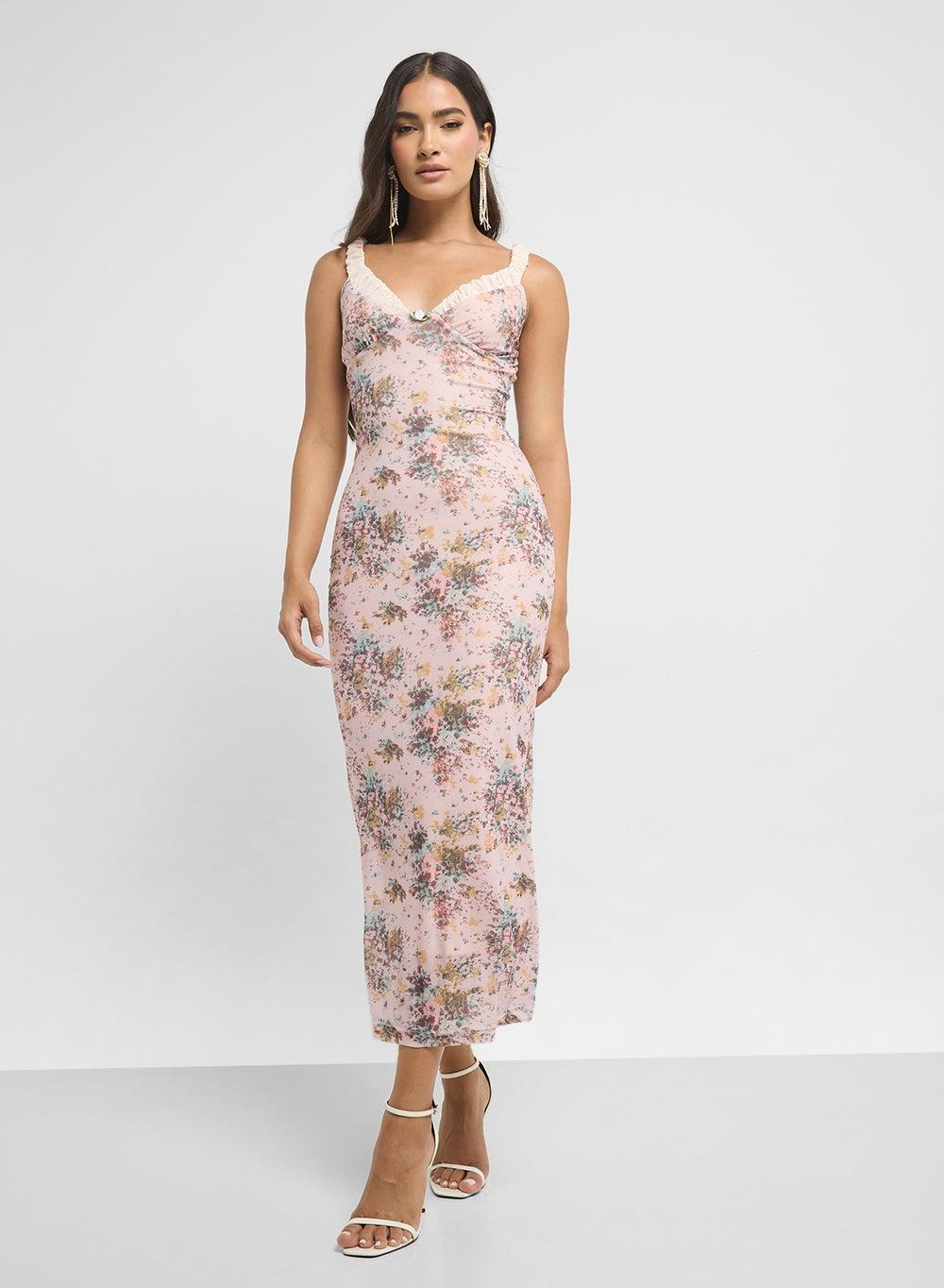 Ly203040 Light Pink Floral Lace Trim Midi Dress - Image 1
