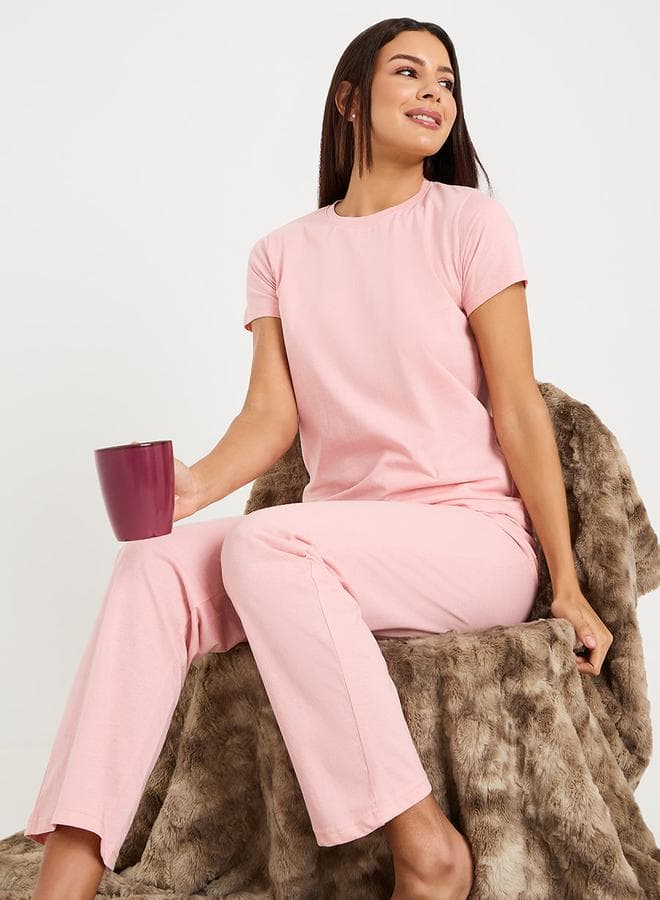 Pink Solid Cotton T-Shirt & Pyjama Set 7005533528 - Image 1
