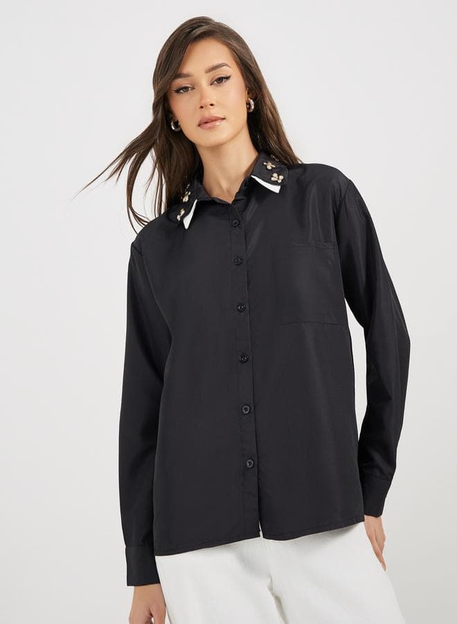 Styli Double Contrast Collar Embellished Black Shirt 7010118301 - Image 1