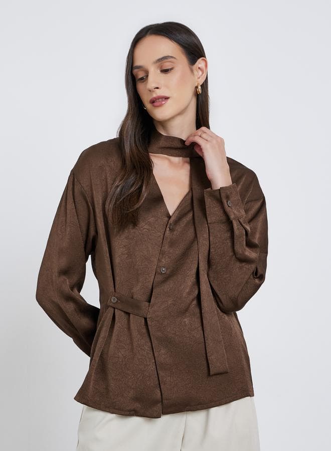 Styli Brown Tie-Neck V-Neck Buttoned Blouse - Image 1