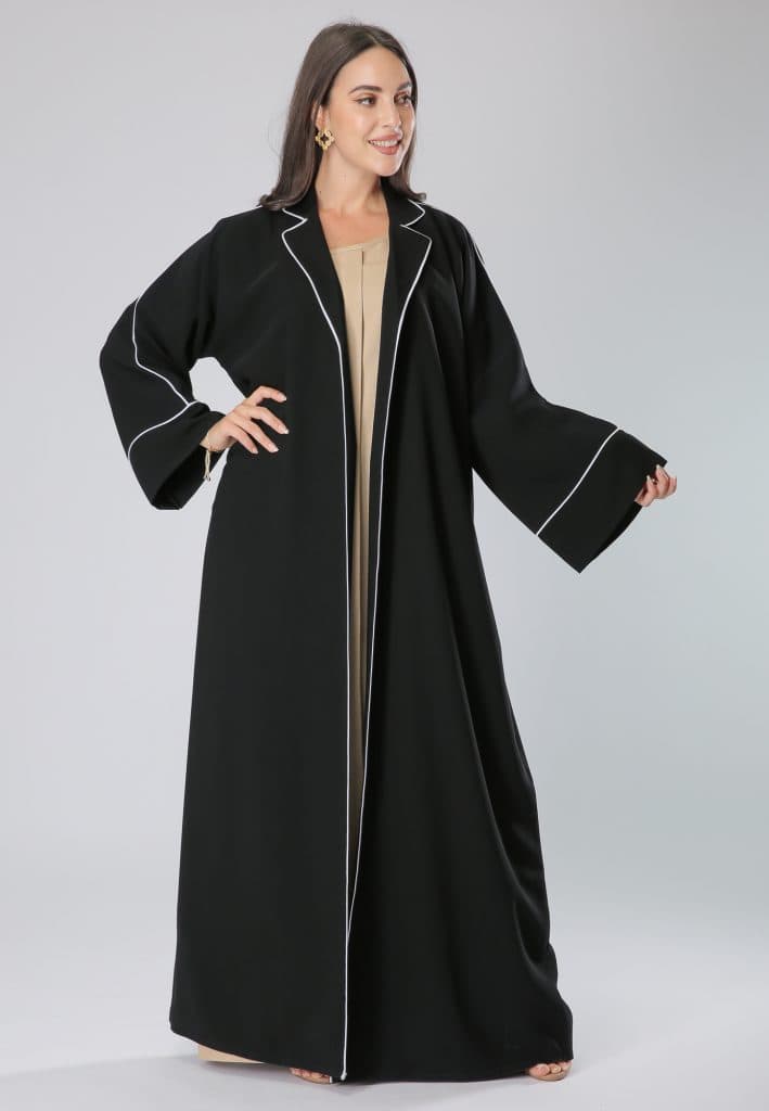 Black Piping Detail Evening Abaya – Collared Elegance - Image 1