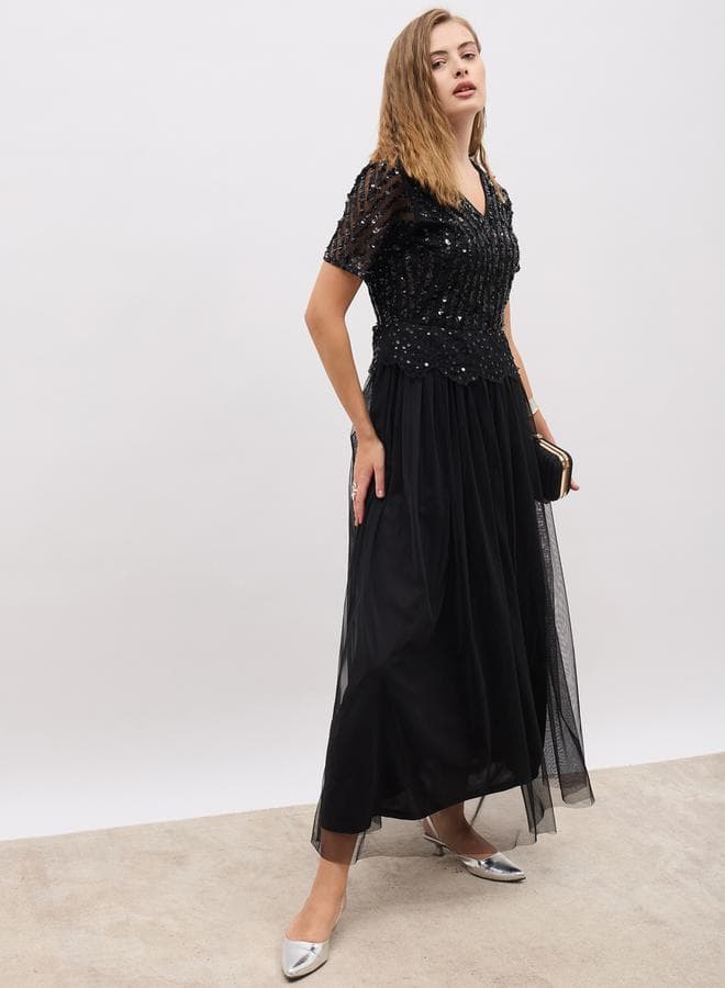 Styli Sequin Bodice A-Line Black Maxi Dress 7010426201 - Image 1