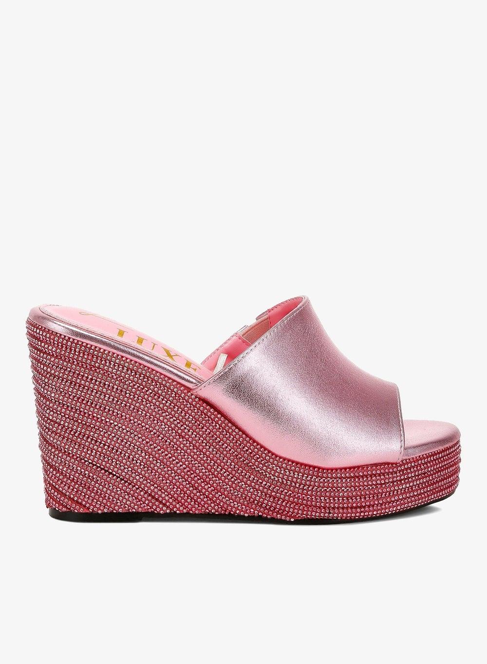 Pink Rhinestone Wedge Heel Peep Toe Sandals Sh4894 - Image 1