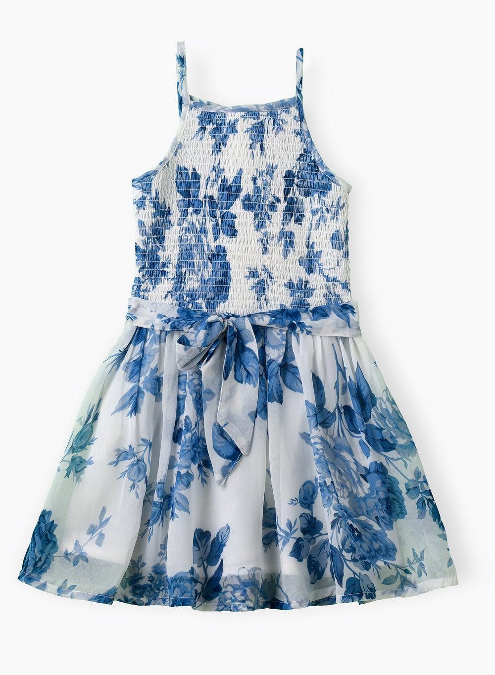 Girls Blue Floral Smocked Belted Party Midi Dress Nntdg1010 - Image 1
