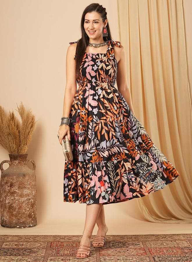 Globus Black Floral Tie-Sleeve Tiered Midi Dress - Image 1