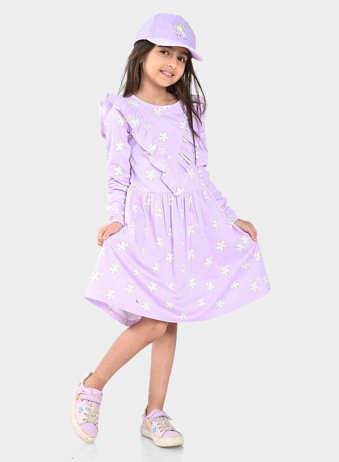 Girls Lavender Cotton Printed Midi Dress Regular Fit - Image 1