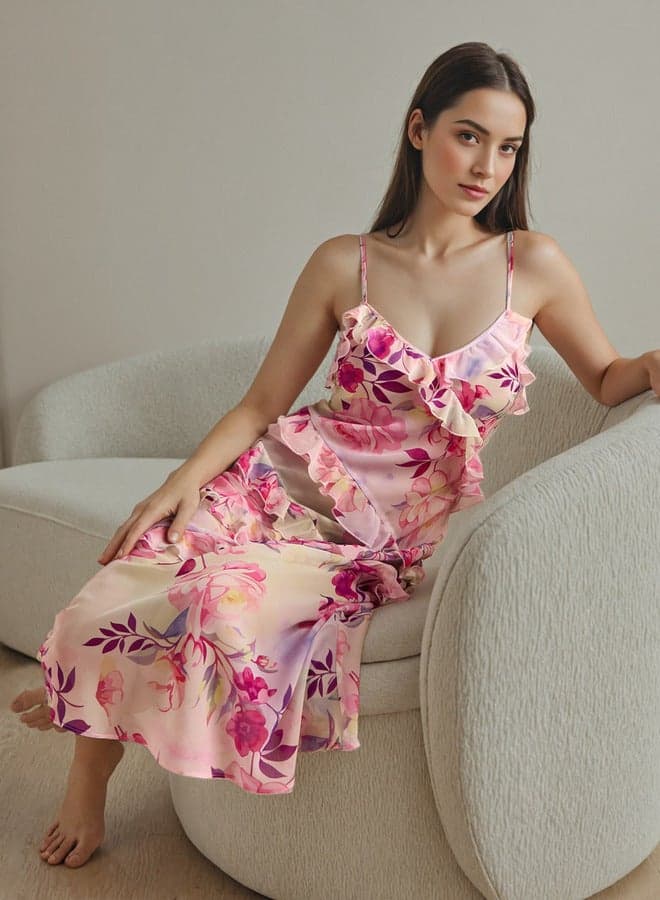 Pink Floral V-Neck Ruffle Slip Dress - Image 1