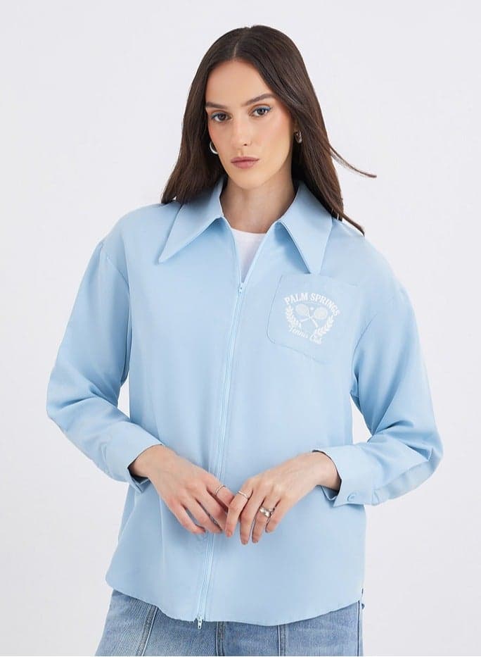 Blue Graphic Oversized Shirt with Zip Pocket Detail - Image 1