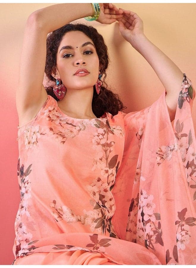 Orange Floral Digital Organza Kurta Set - Image 1