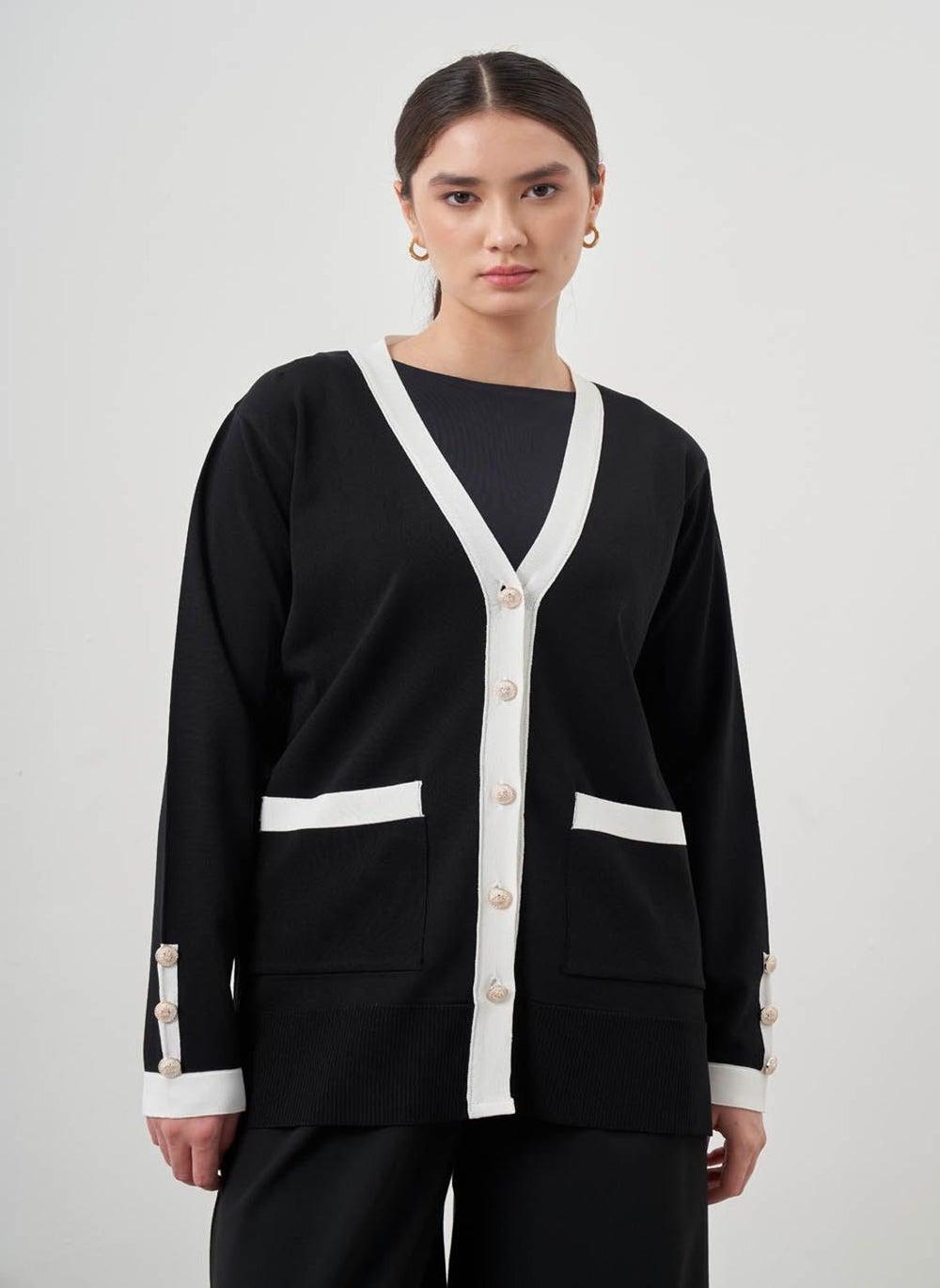 Black Striped Rayon Cardigan – Classic Modest Fit - Image 1