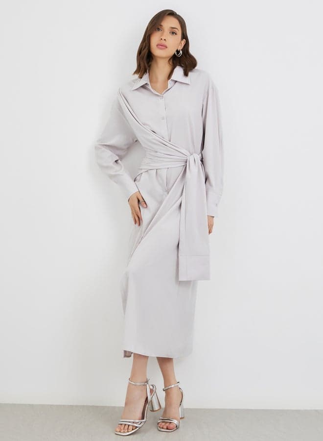 Light Grey Buttoned Midi Shirt Dress with Tie-Up Detail - Image 1