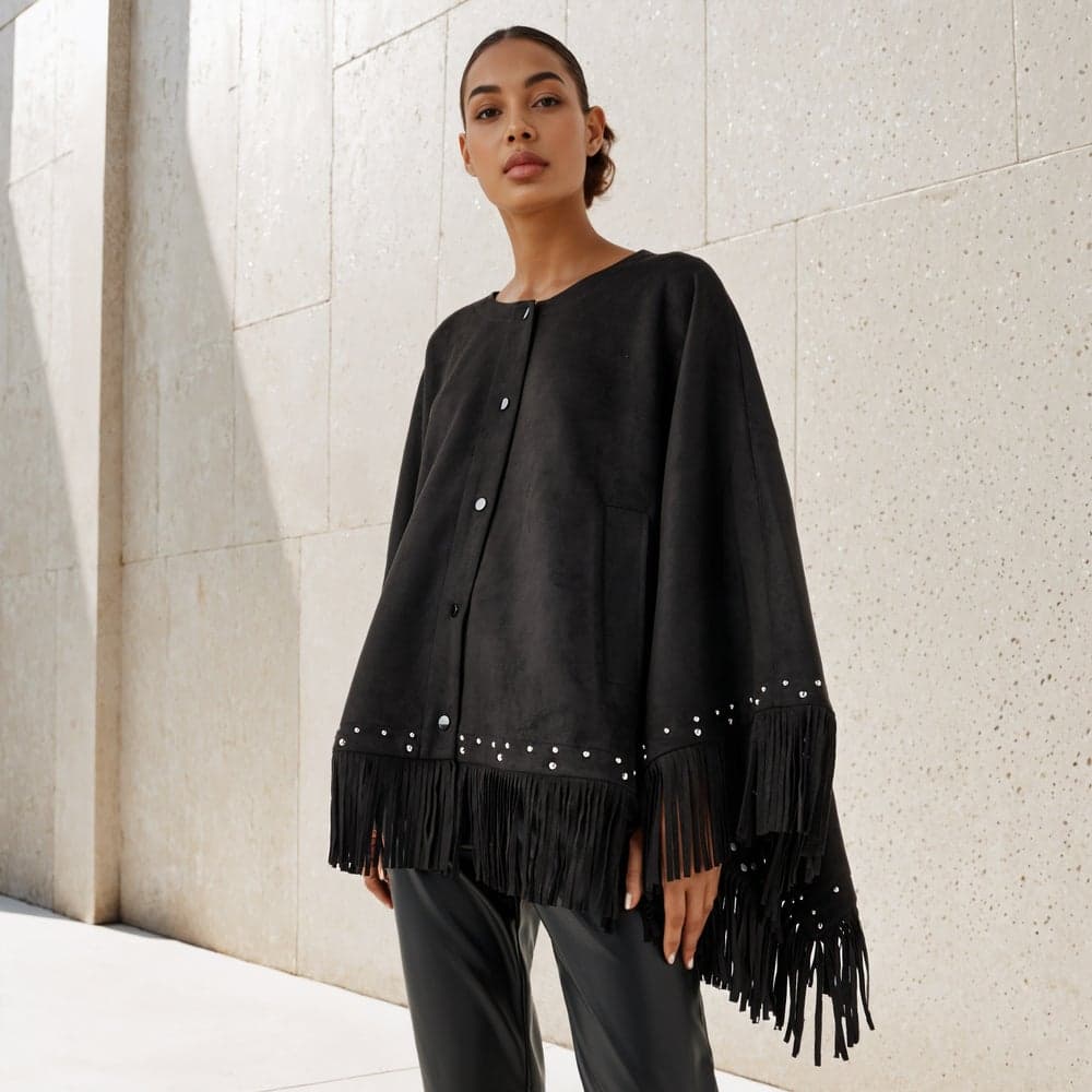 Iconic Black Embellished Fringe Poncho Top - Image 1