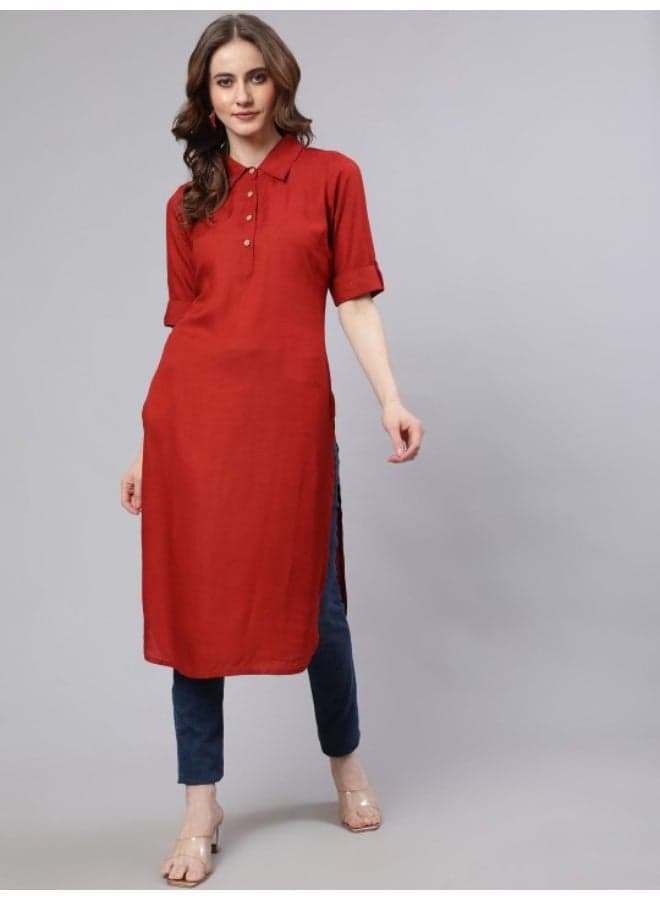 Red Pathani Straight Kurta with Polo Collar - Image 1