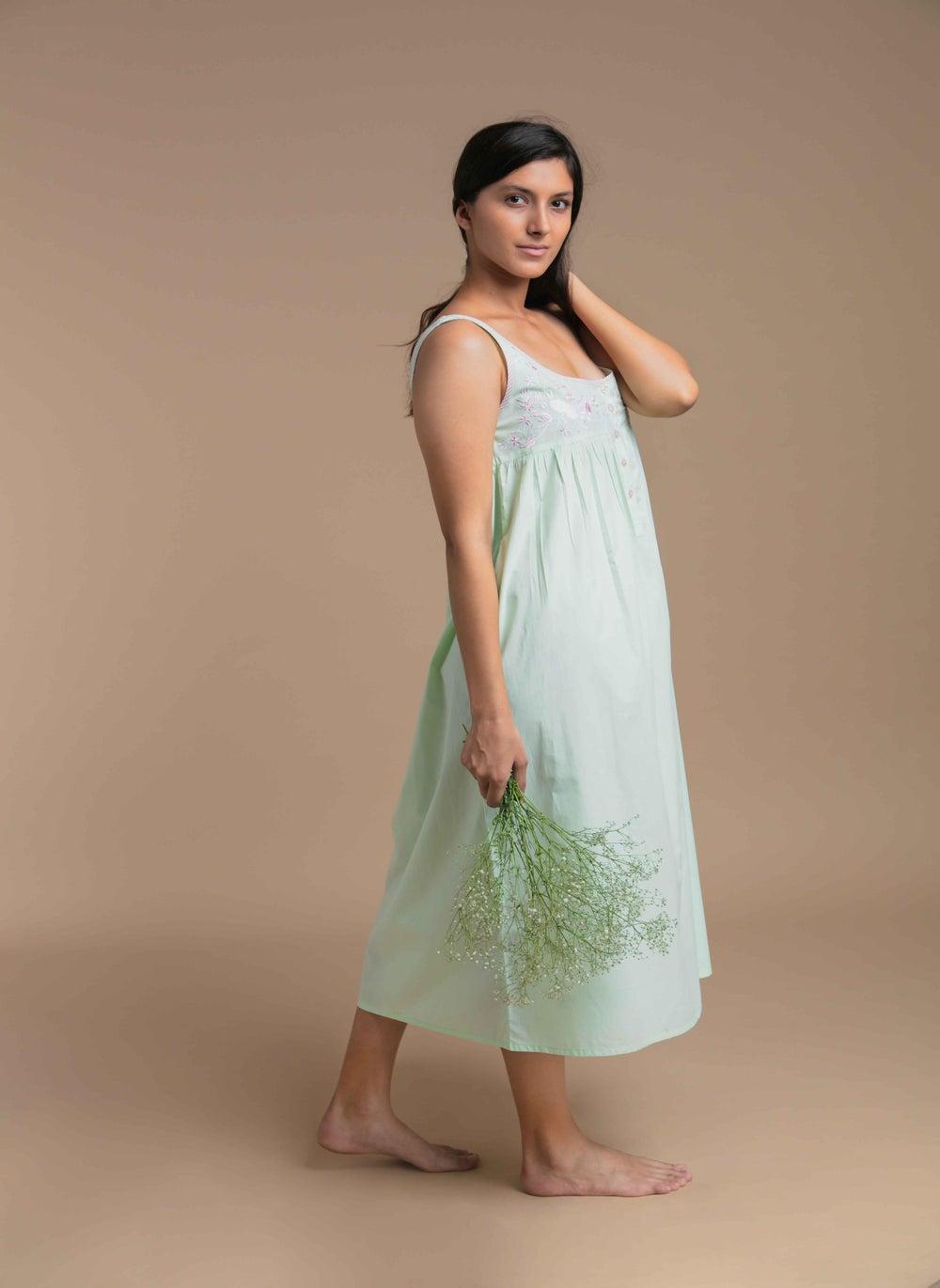 Kate Embroidered Cotton Nightdress with Gingham Trim - Image 1