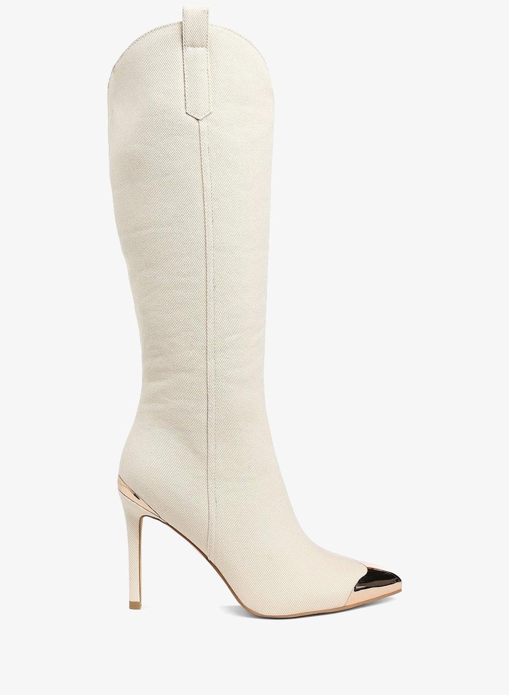 Beige Metallic Cap Toe Denim Knee Boots Sh5089 - Image 1