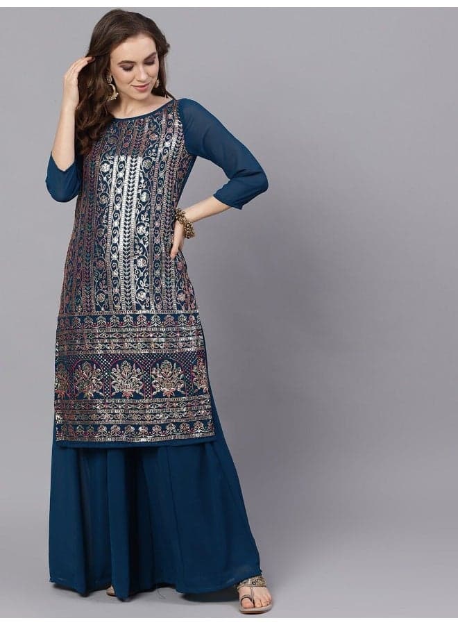 AKS Embroidered Sequinned Georgette Kurta Set with Palazzos - Image 1