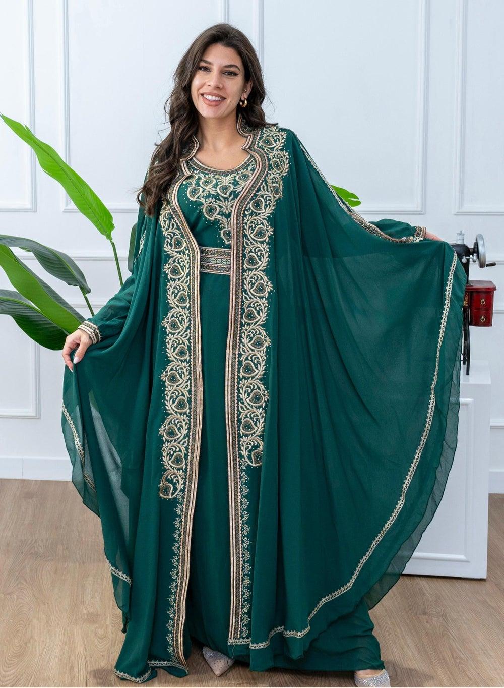 Embroidered Dark Green Chiffon Kaftan Dress - Image 1