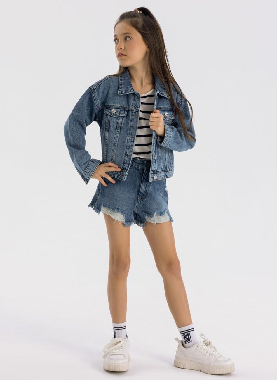 Girls Oversized Navy Denim Jacket Classic Fit - Image 1