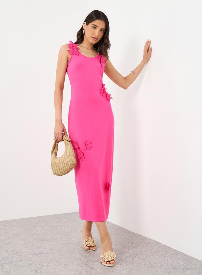 Hot Pink Floral Lace Applique Sleeveless Maxi Dress - Image 1