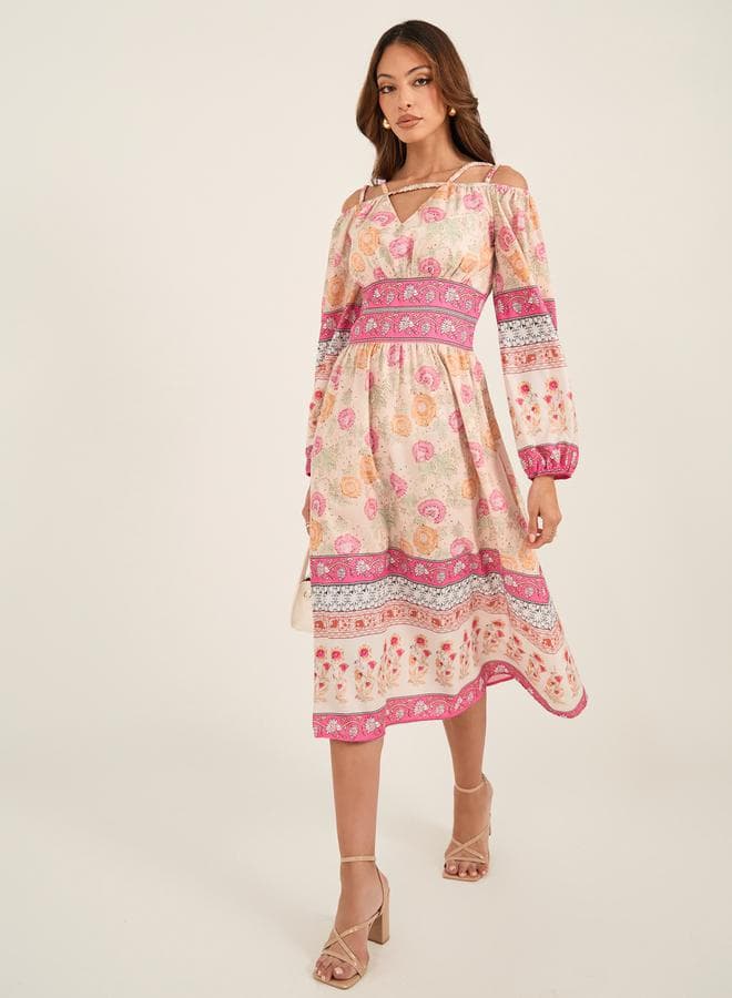 Cream Floral V-Neck Balloon Sleeve Midi Dress 7011744320 - Image 1