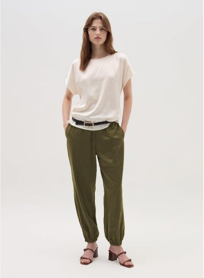 Olive Straight-Fit Pull-On Trousers with Raised Stitching - Image 1