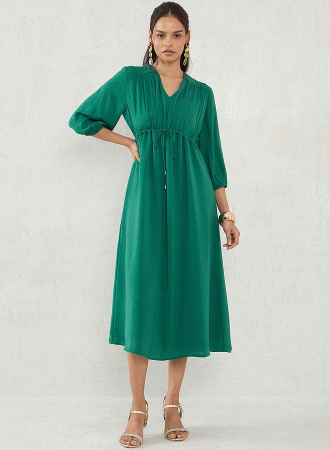 Femmella Emerald Green A-Line Midi Dress Drawstring Waist - Image 1