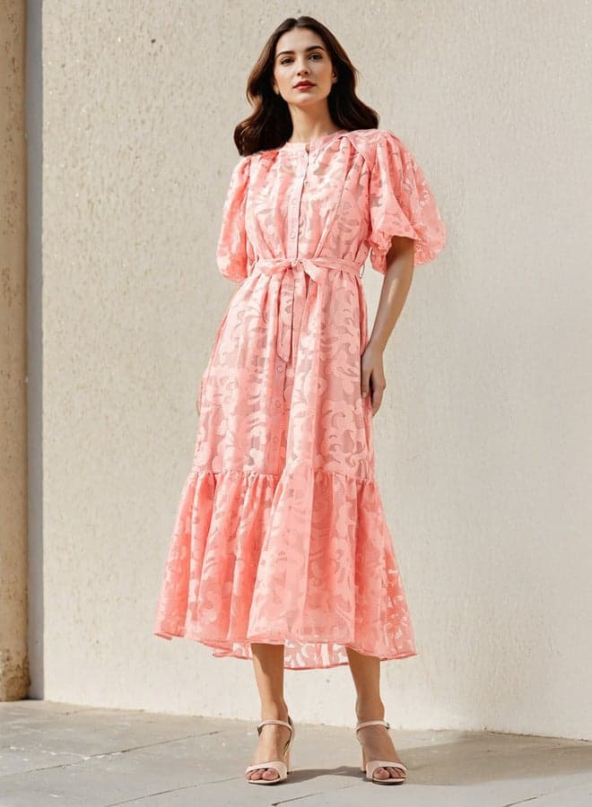 2Xtremz Peach Lace Tiered Midi Shirt Dress - Image 1