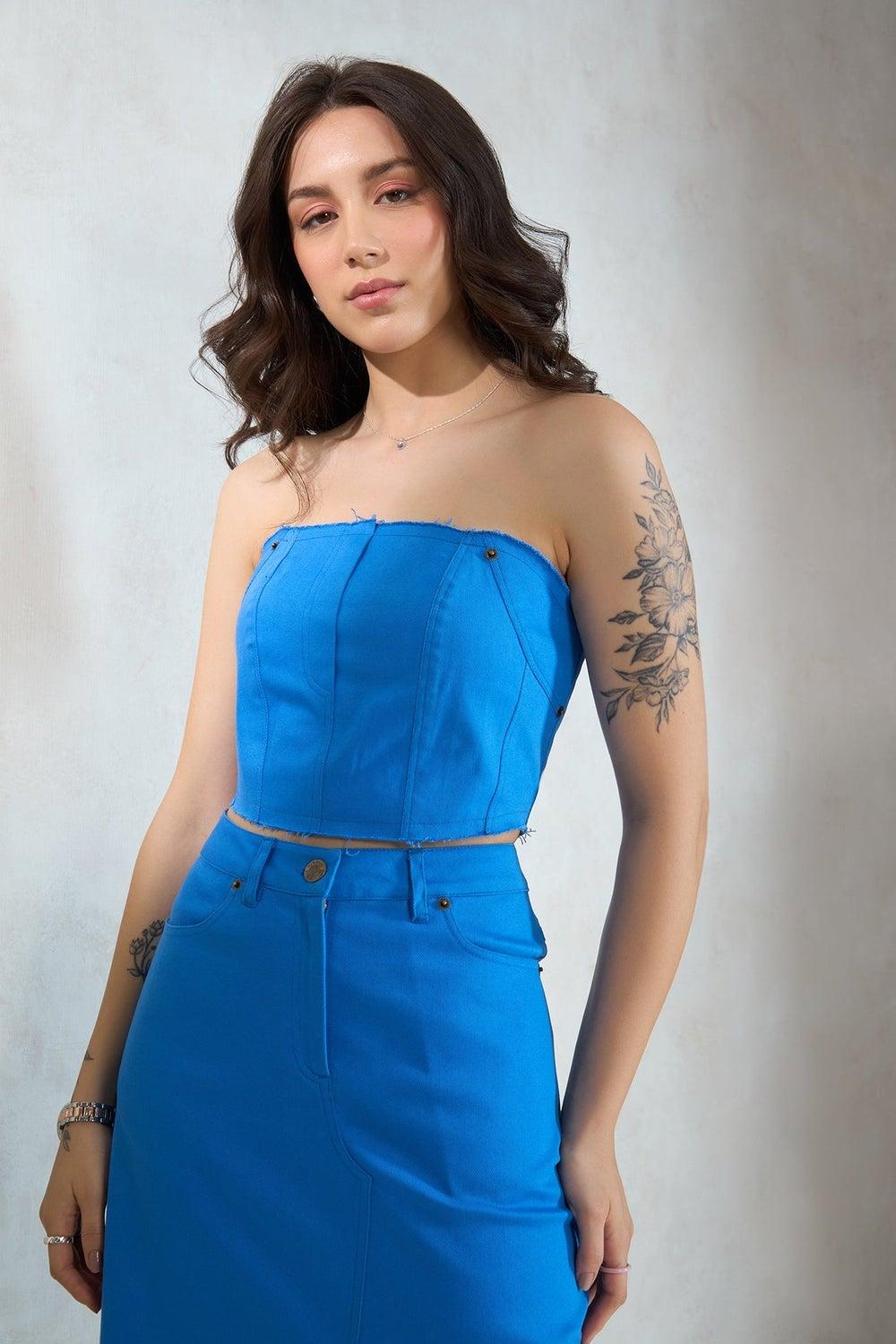 VIRGIO Blue Cotton Stretch Raw Edge Bandeau Top - Image 1
