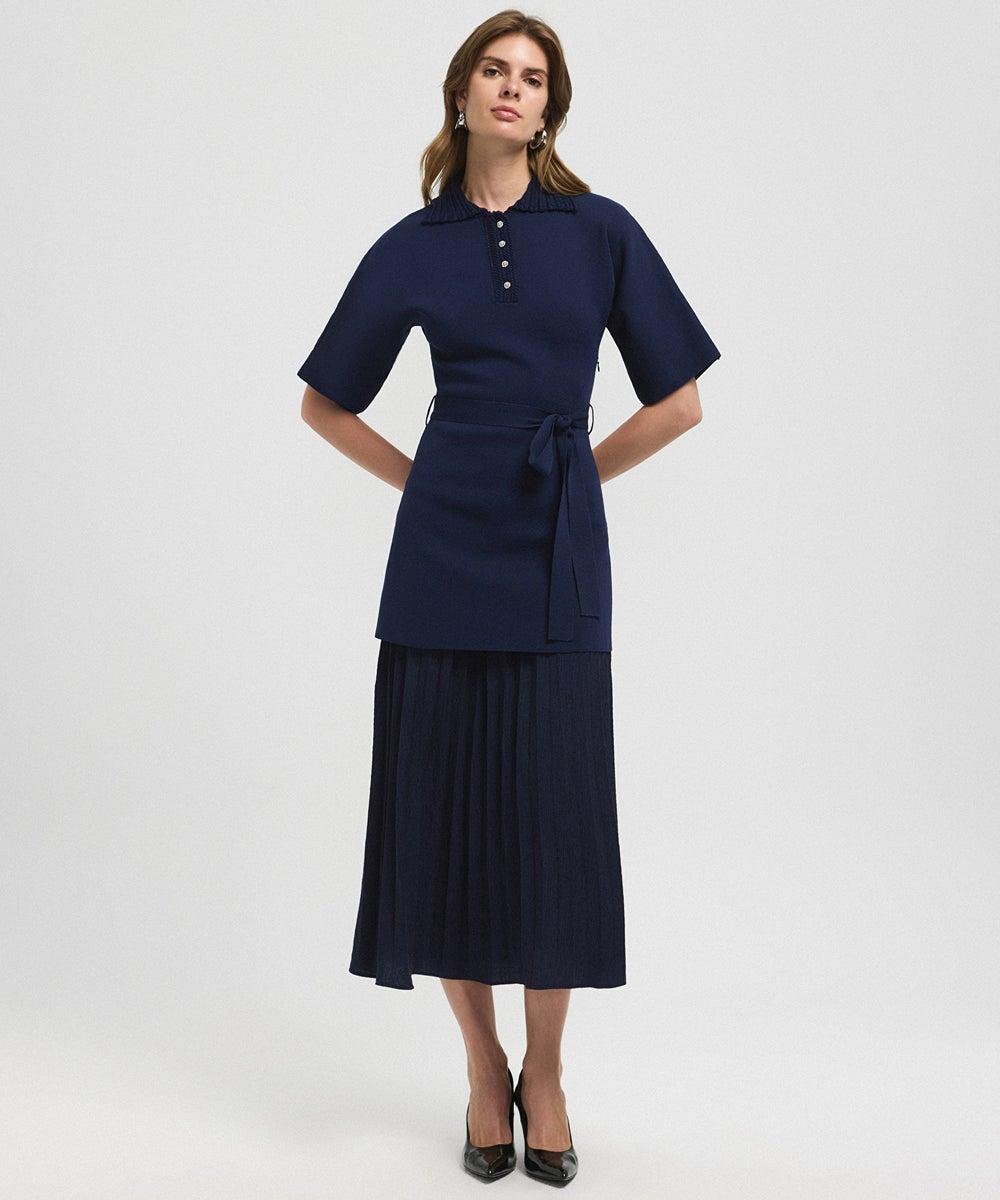 Layered Pleated Midi Shirt Dress Belted Navy - Image 1