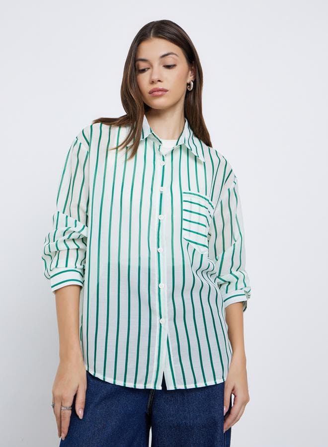 Styli Green Striped Long Sleeve Shirt with Pocket - Image 1