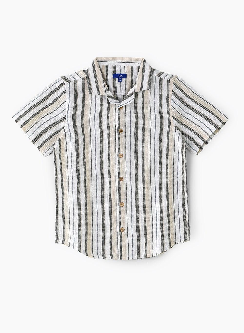 Artnb664 Boys Beige Olive Striped Cotton Shirt - Image 1